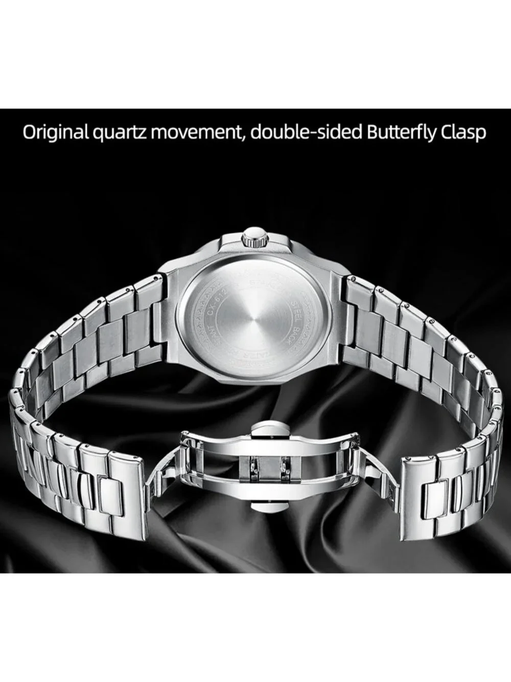 Men's Silver Black Stainless Steel Strap Quartz Movement Waterproof Wrist Watch
